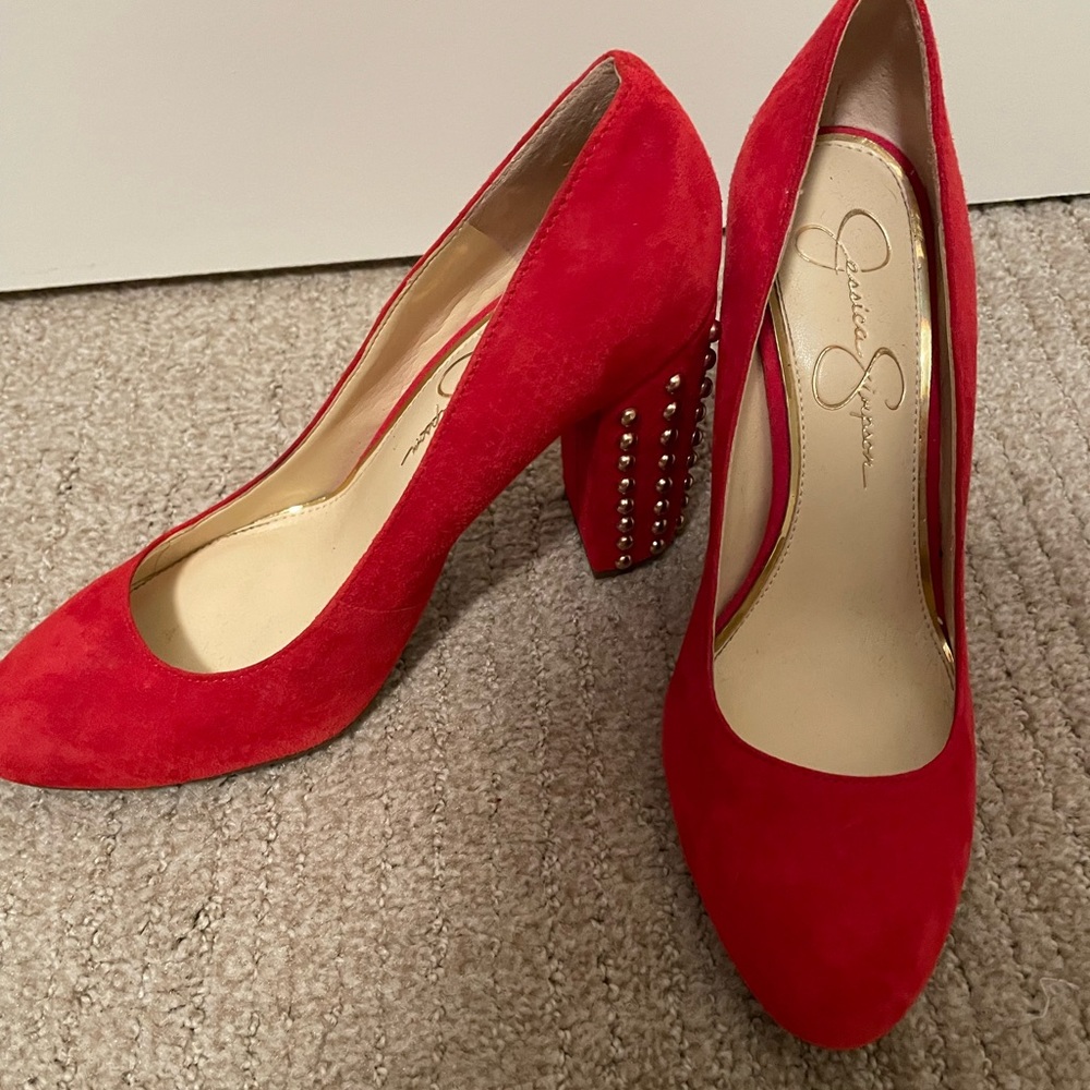 Studded Red Block Heels, Jessica Simpson, Size 8